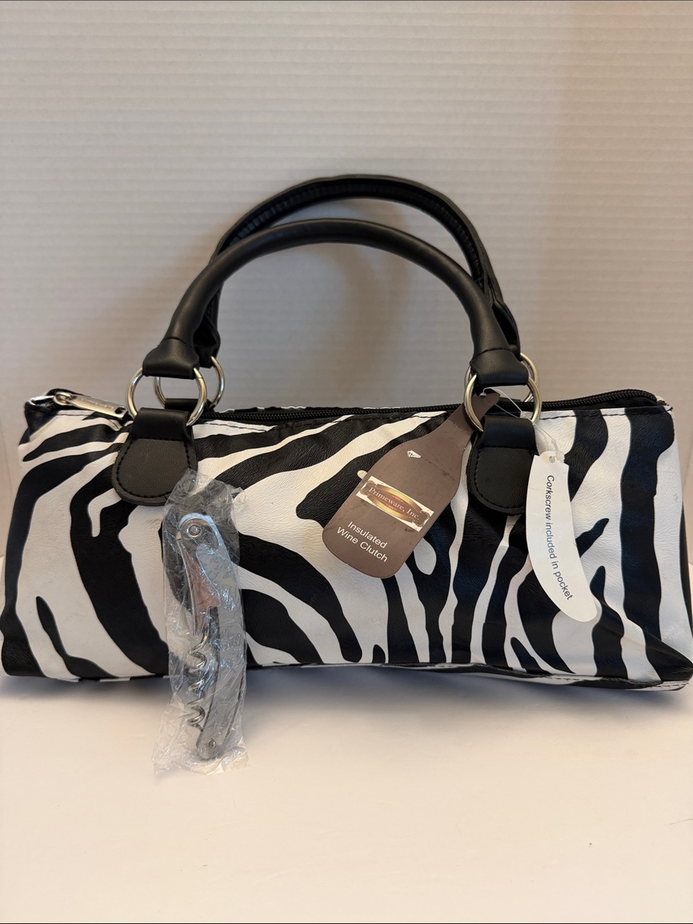 Primeware Zebra Print Wine Clutch Handbag w/Corkscrew